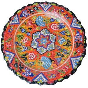 Turkish‎ Plate Handmade Hand Painted Folk Art Orange 12" Diameter